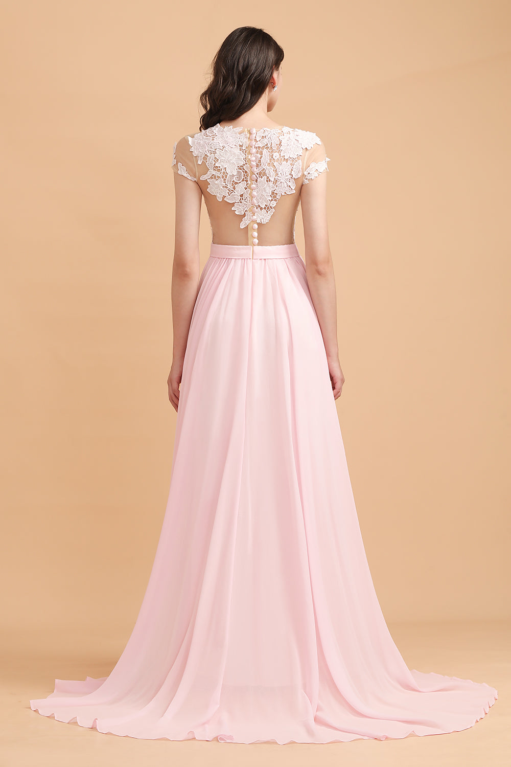 Long A-Line Cap Sleeves Lace Appliques Chiffon Bridesmaid Dress With Slit Long A-Line Cap Sleeves Lace Appliques Chiffon Bridesmaid Dress With Slit