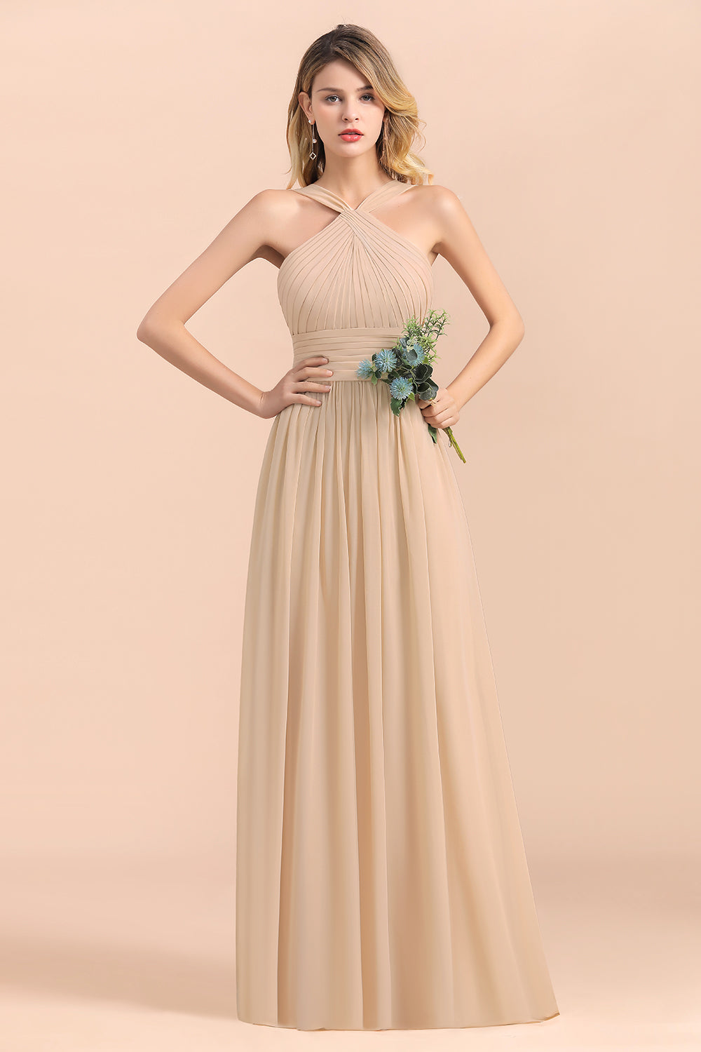 Long A-Line Chiffon Backless Bridesmaid Dress With Ruched
