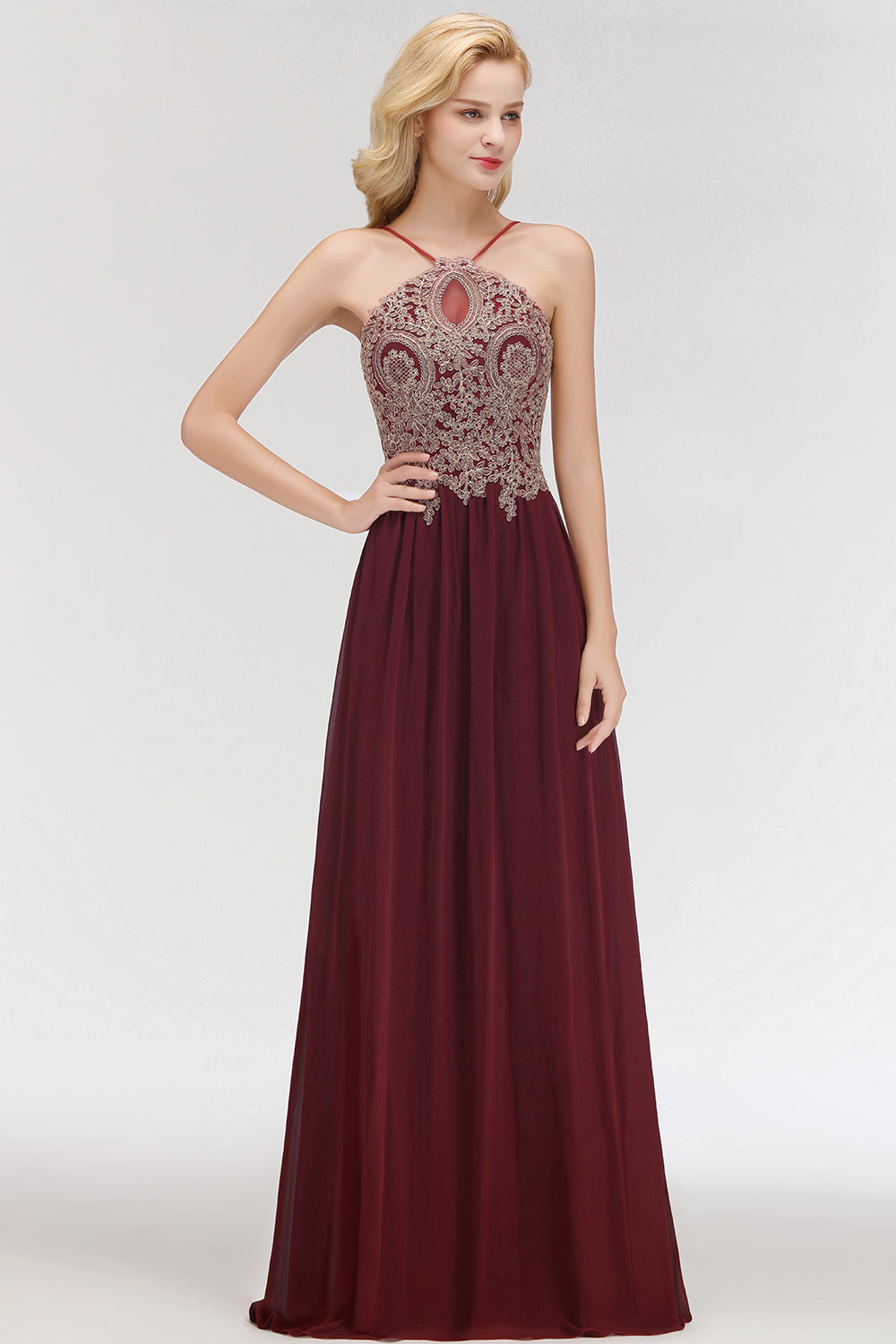 Long A-Line Chiffon Backless Burgundy Bridesmaid Dress with Appliques