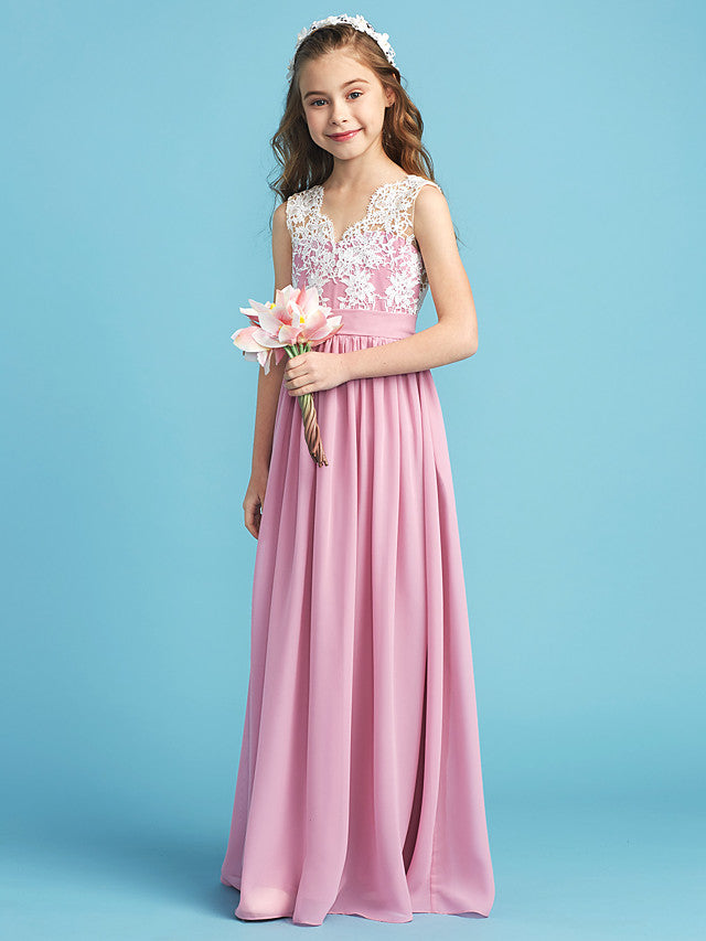 Long A-line Chiffon Flower Girl Dresses Lace Junior Bridesmaid Dress Long A-line Chiffon Flower Girl Dresses Lace Junior Bridesmaid Dress