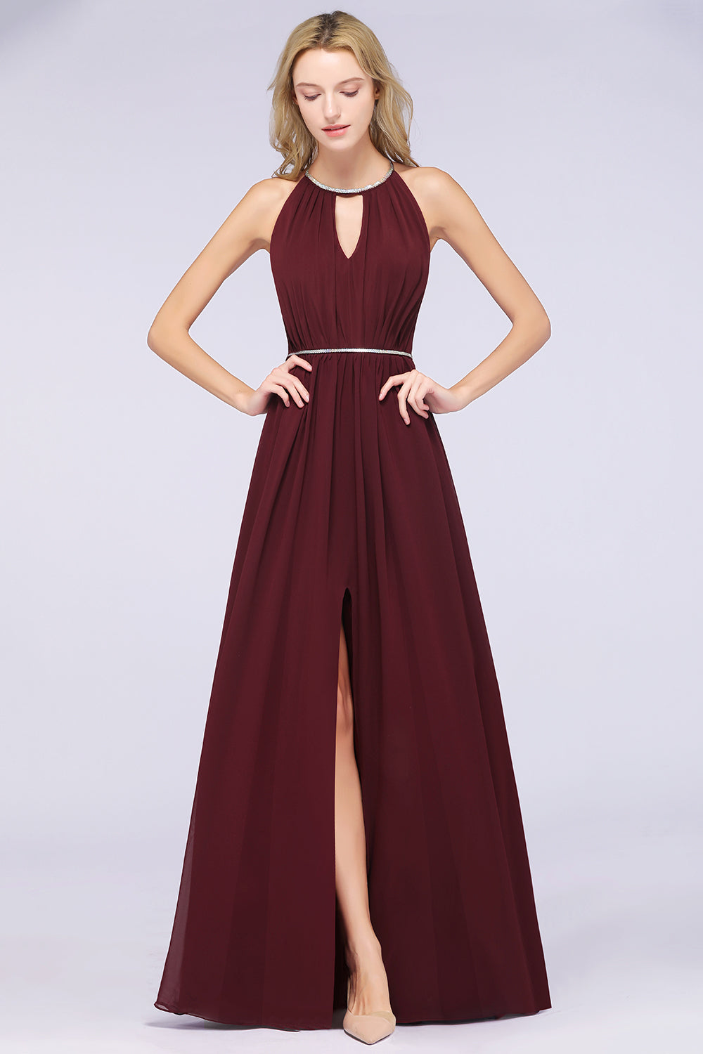 Long A-line Chiffon Halter Burgundy Bridesmaid Dress with Slit Long A-line Chiffon Halter Burgundy Bridesmaid Dress with Slit
