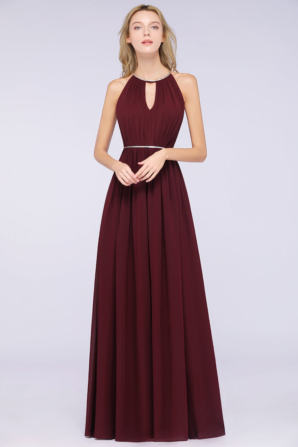 1920 bridesmaid dresses Modest V Neck A-Line Burgundy Chiffon Vintage Long Evening Party Dress –  formalgowns main image 0