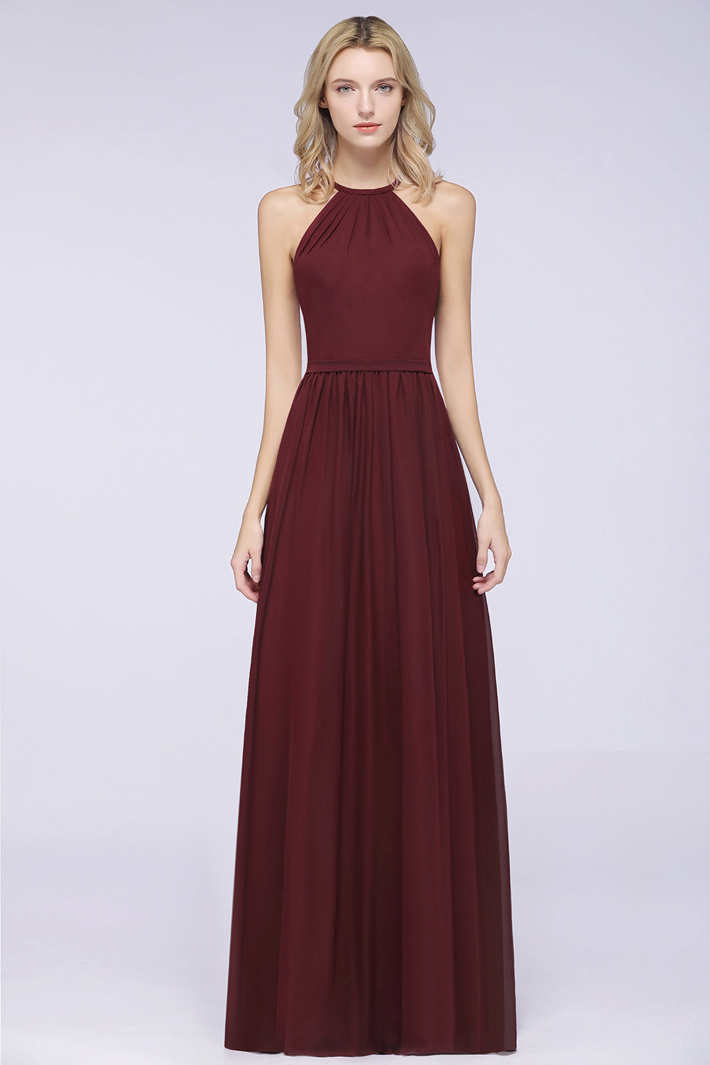 Long A-Line Chiffon Halter Sleeveless Burgundy Bridesmaid Dress with Ruffles
