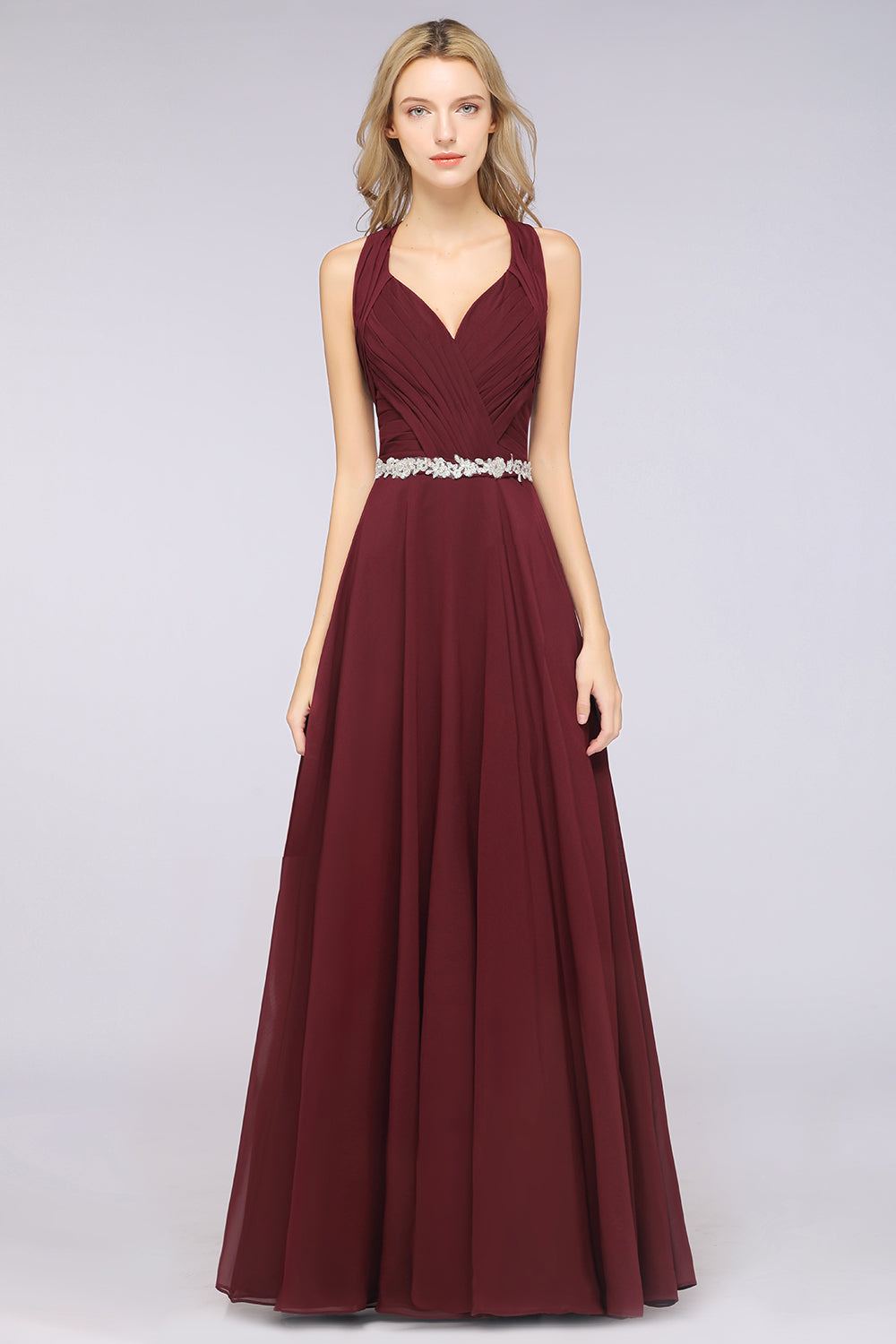 Long A-Line Chiffon Halter V-Neck Ruffle Bridesmaid Dress with Appliques Sashes Long A-Line Chiffon Halter V-Neck Ruffle Bridesmaid Dress with Appliques Sashes