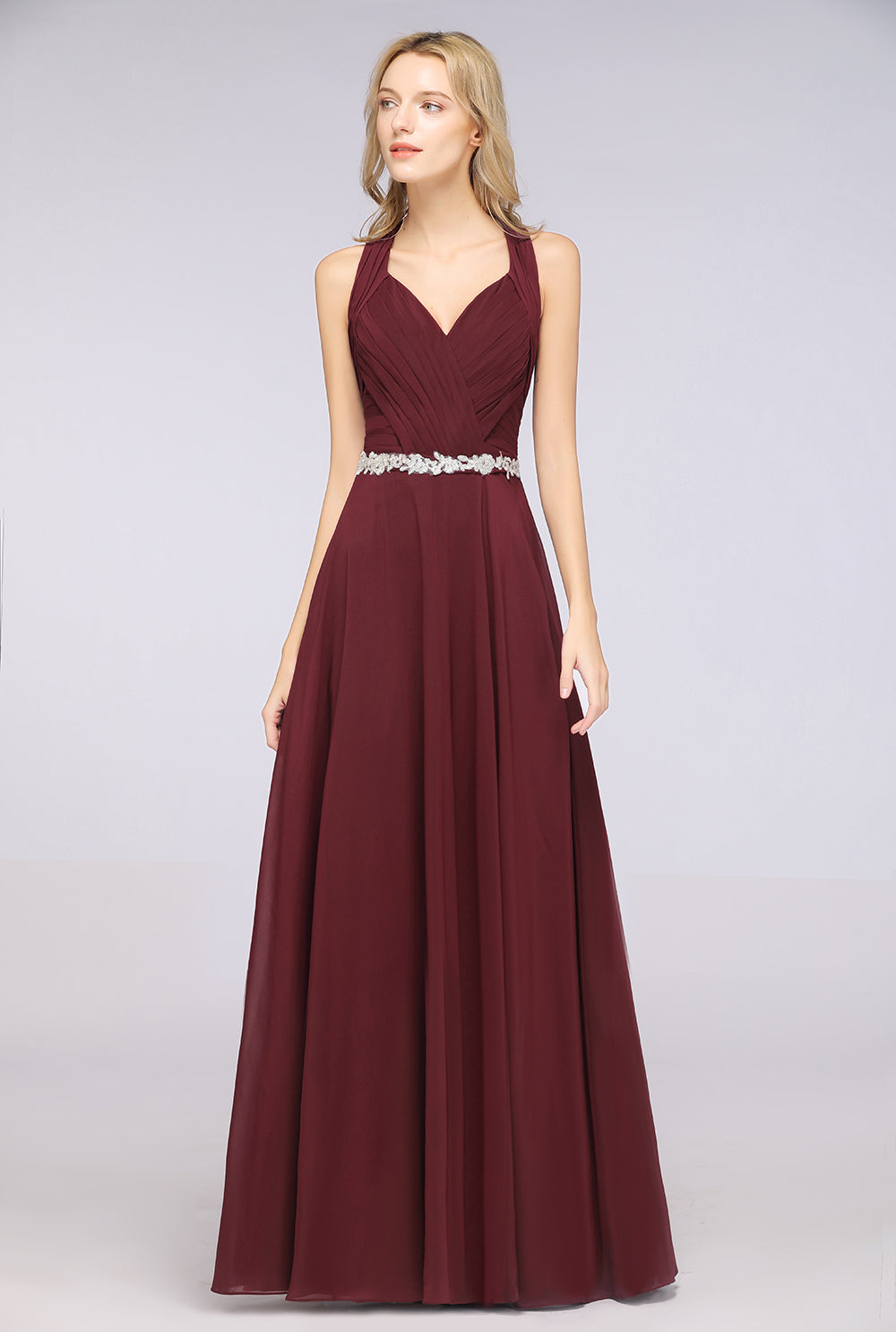 Long A-Line Chiffon Halter V-Neck Ruffle Bridesmaid Dress with Appliques Sashes Long A-Line Chiffon Halter V-Neck Ruffle Bridesmaid Dress with Appliques Sashes