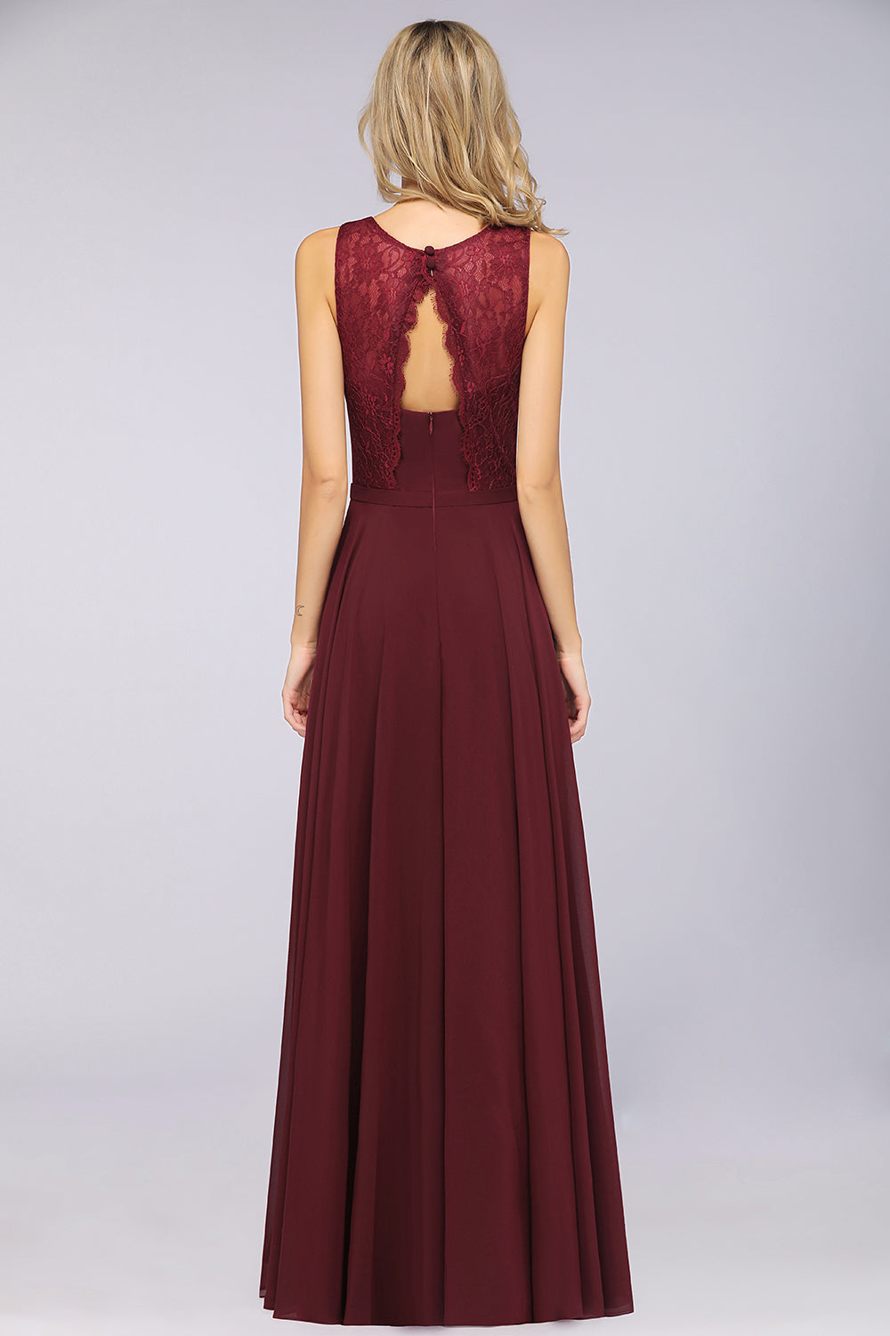 Long A-Line Chiffon Lace Jewel Sleeveless Burgundy Bridesmaid Dress