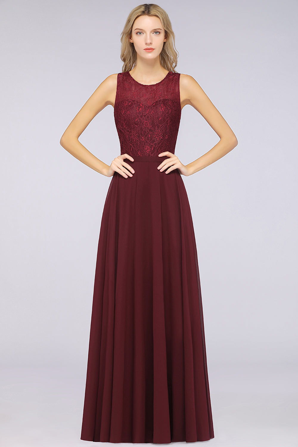 Long A-Line Chiffon Lace Jewel Sleeveless Burgundy Bridesmaid Dress