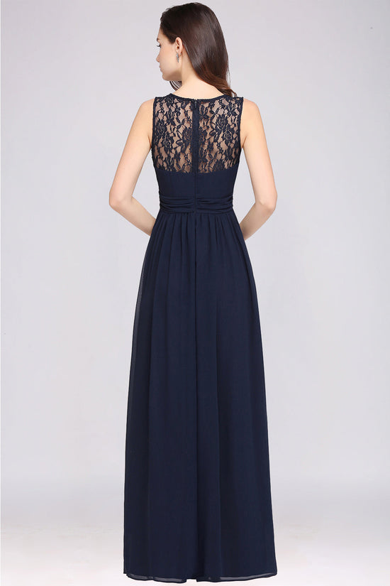 Long A-line Chiffon Lace Jewel Sleeveless Dark Navy Bridesmaid Dress-BIZTUNNEL