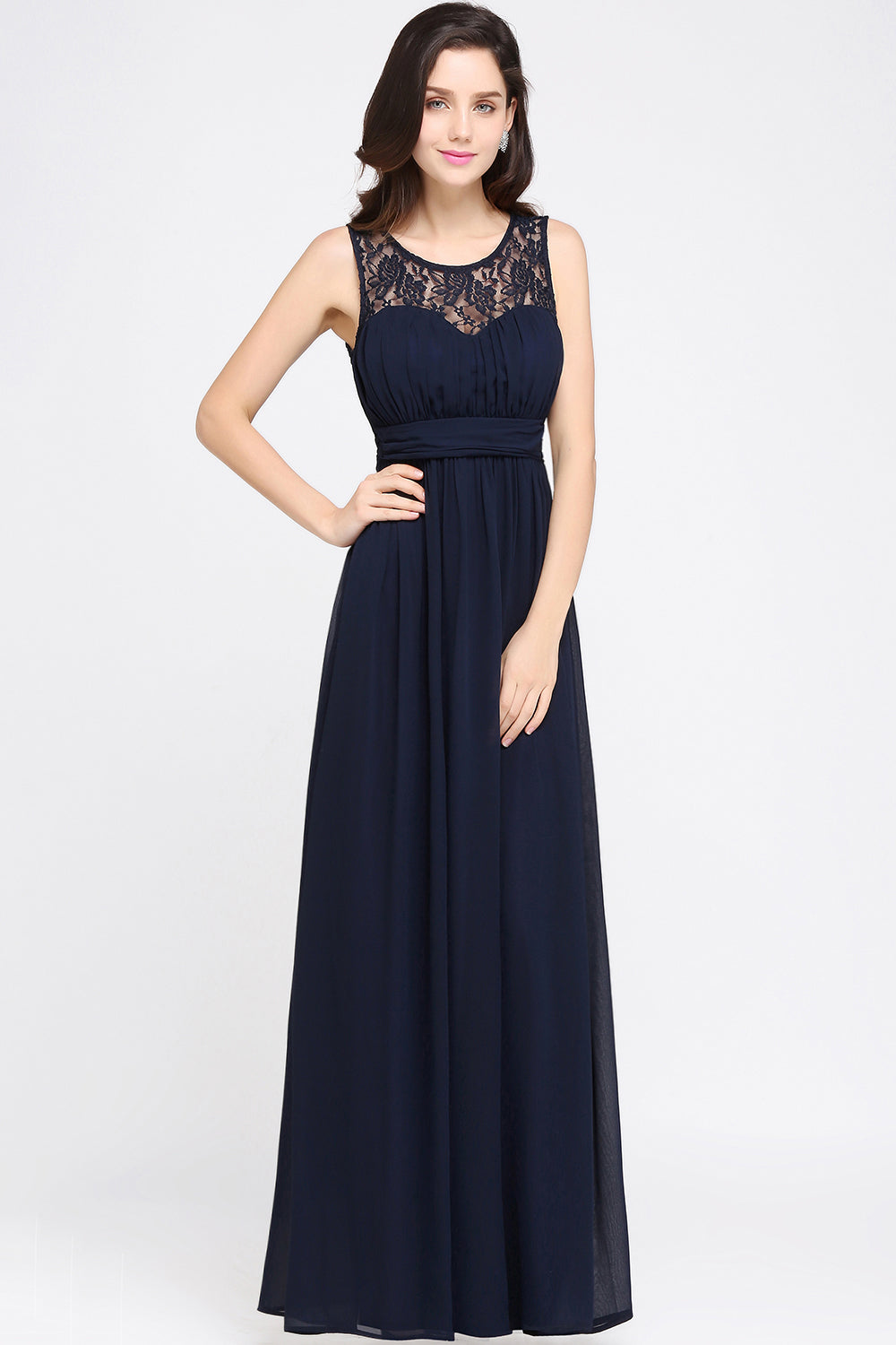 Long A-Line Chiffon Lace Jewel Sleeveless Dark Navy Bridesmaid Dress