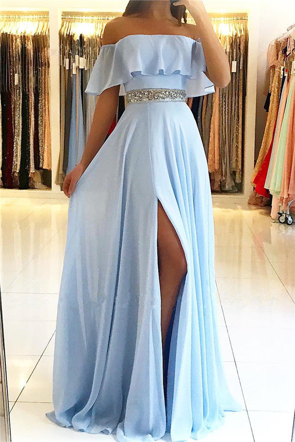 Long A-Line Chiffon Off-The-Shoulder Sky Blue Prom Dress with Slit