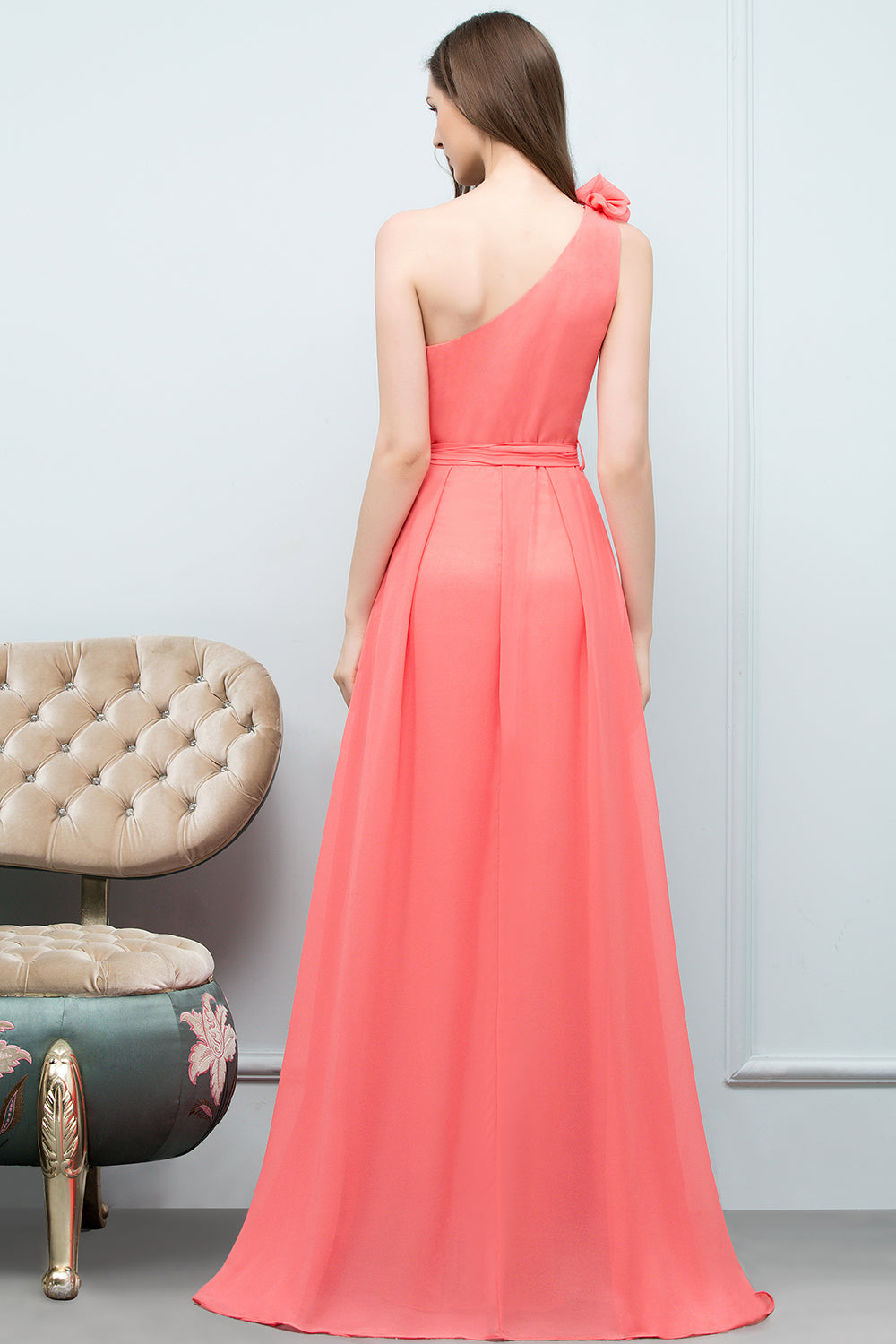 Long A-line Chiffon One-Shoulder Sleeveless Bridesmaid Dress with Bow Sash