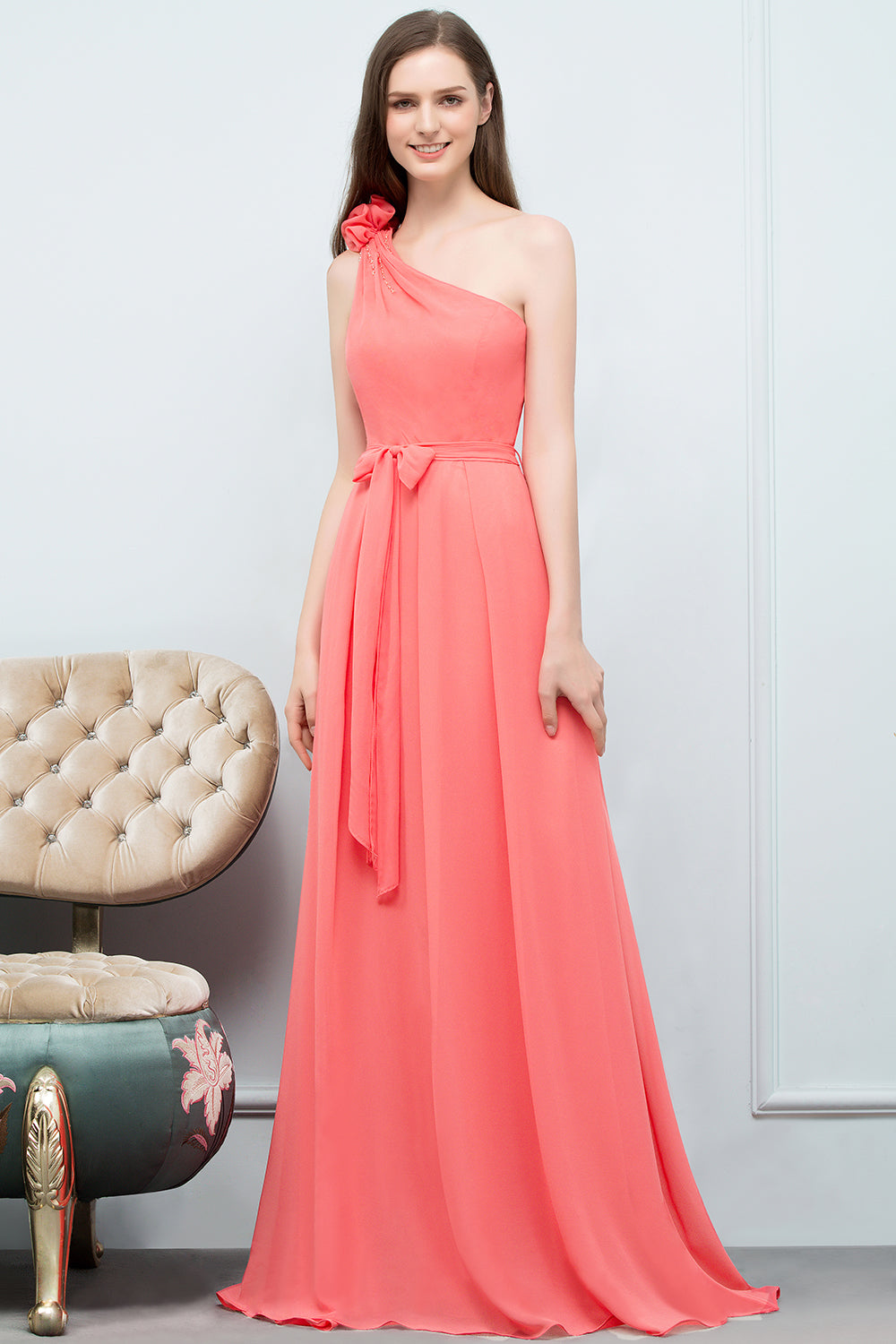 Long A-line Chiffon One-Shoulder Sleeveless Bridesmaid Dress with Bow –  BIZTUNNEL