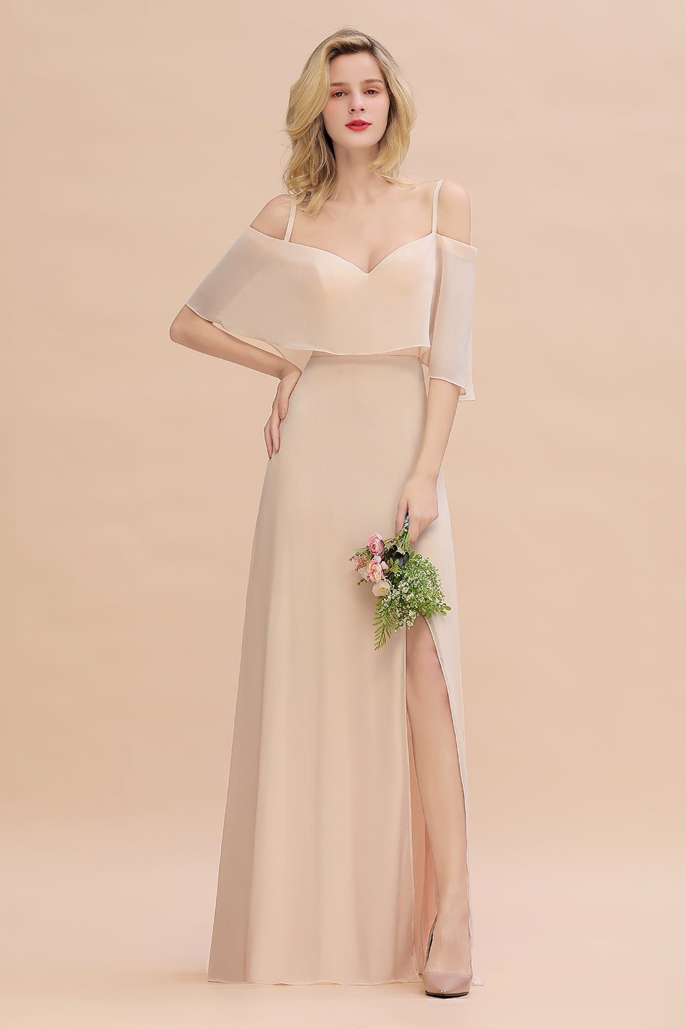 Long A-line Chiffon Spaghetti Straps Side Split Bridesmaid Dress with Sleeves Long A-line Chiffon Spaghetti Straps Side Split Bridesmaid Dress with Sleeves