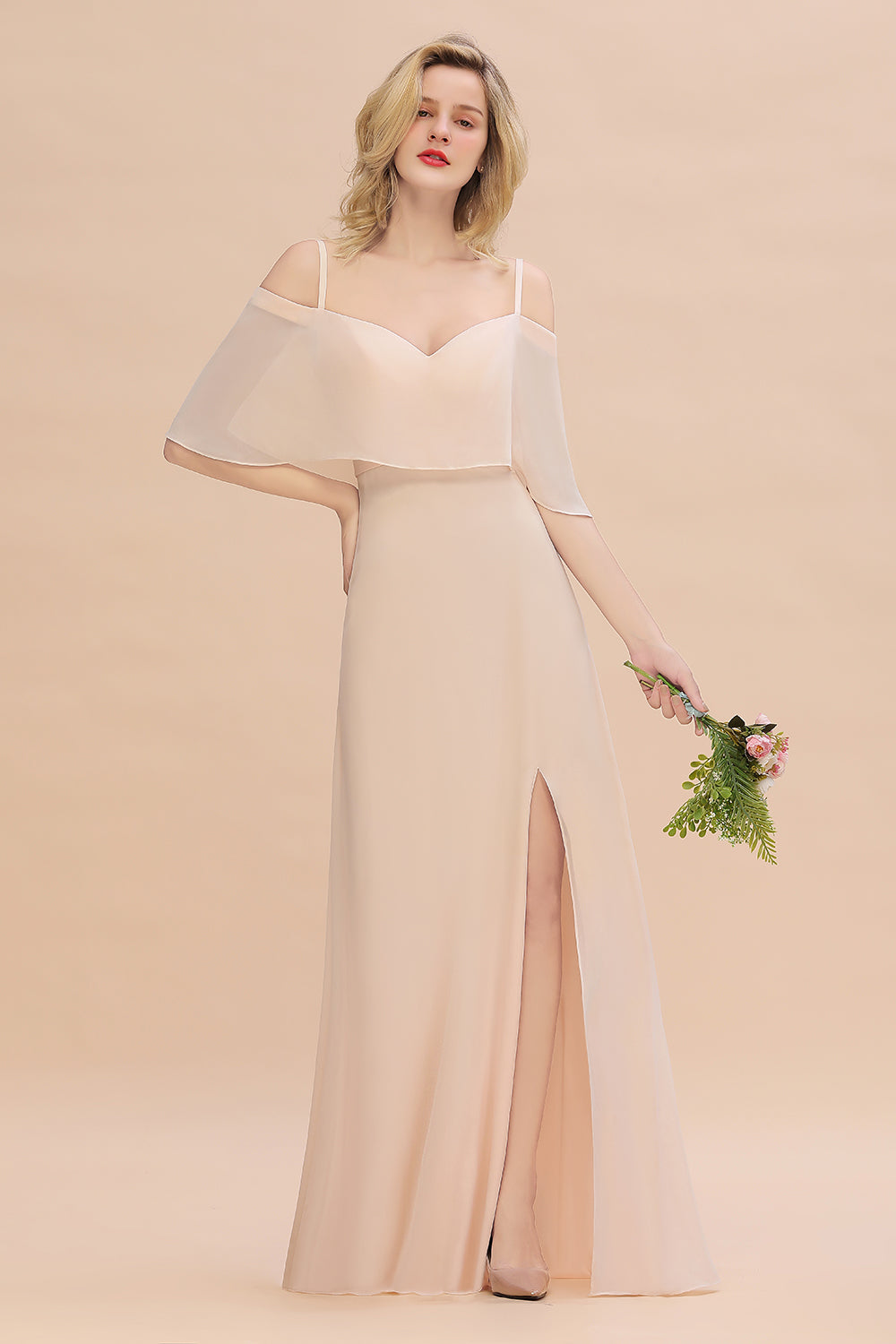Long A-line Chiffon Spaghetti Straps Side Split Bridesmaid Dress with Sleeves