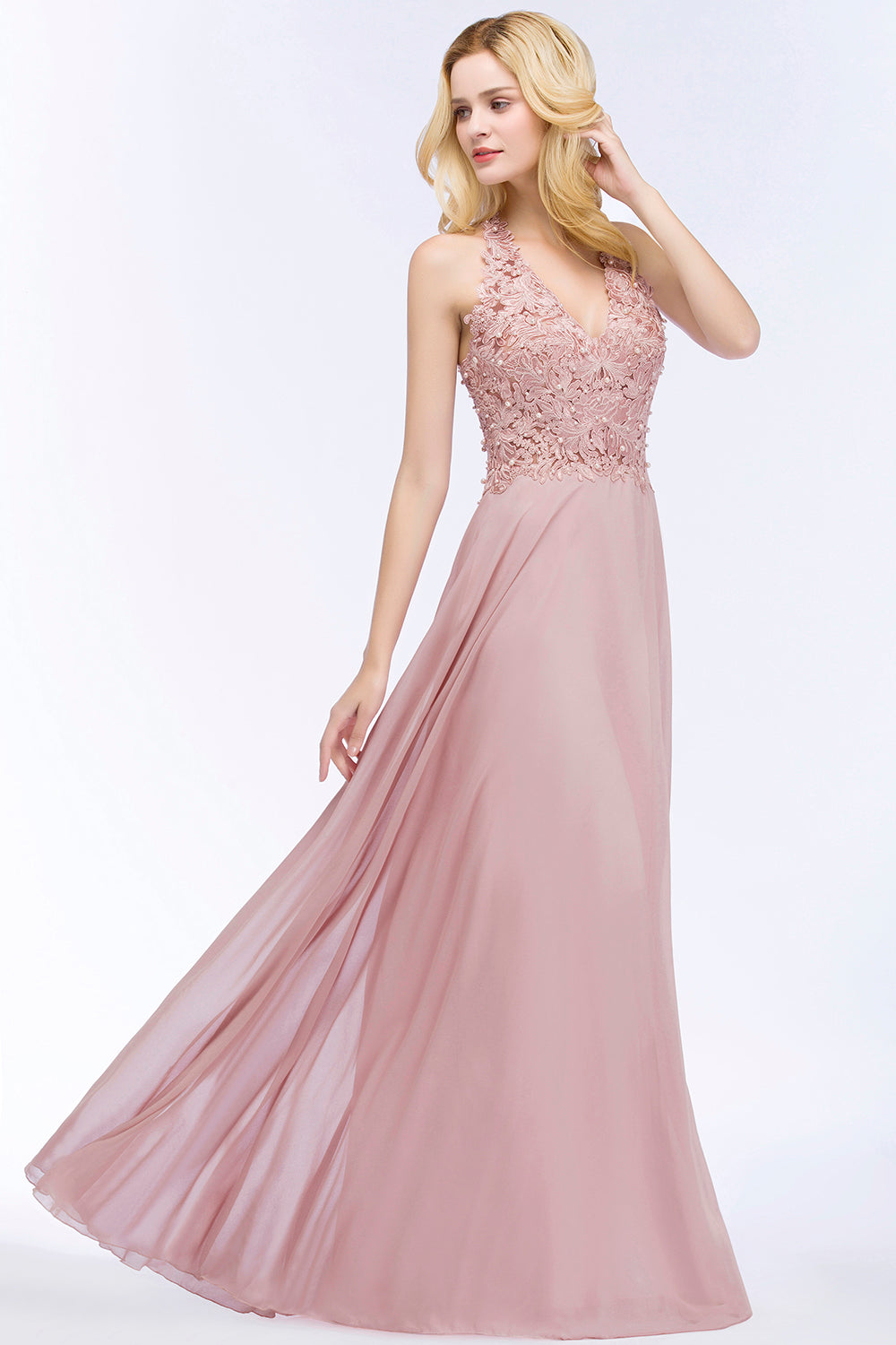 Long A-line Chiffon V-neck Appliques Lace Bridesmaid Dresses with Pearls Long A-line Chiffon V-neck Appliques Lace Bridesmaid Dresses with Pearls