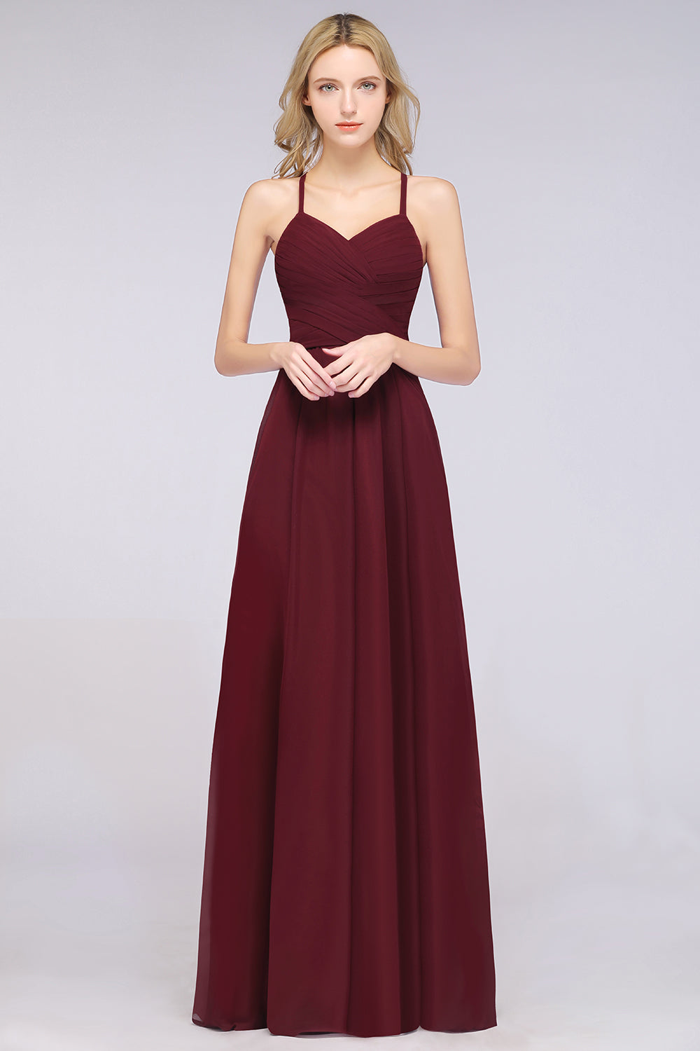 Long A-Line Chiffon V-Neck Burgundy Bridesmaid Dress with Ruffles Long A-Line Chiffon V-Neck Burgundy Bridesmaid Dress with Ruffles