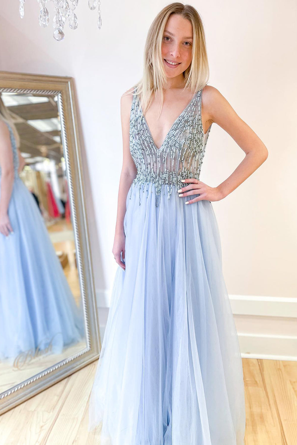 light blue beading tulle prom dress Luuvis Shiny Light Blue Mermaid Spaghetti Straps Long Beaded Prom Dress
