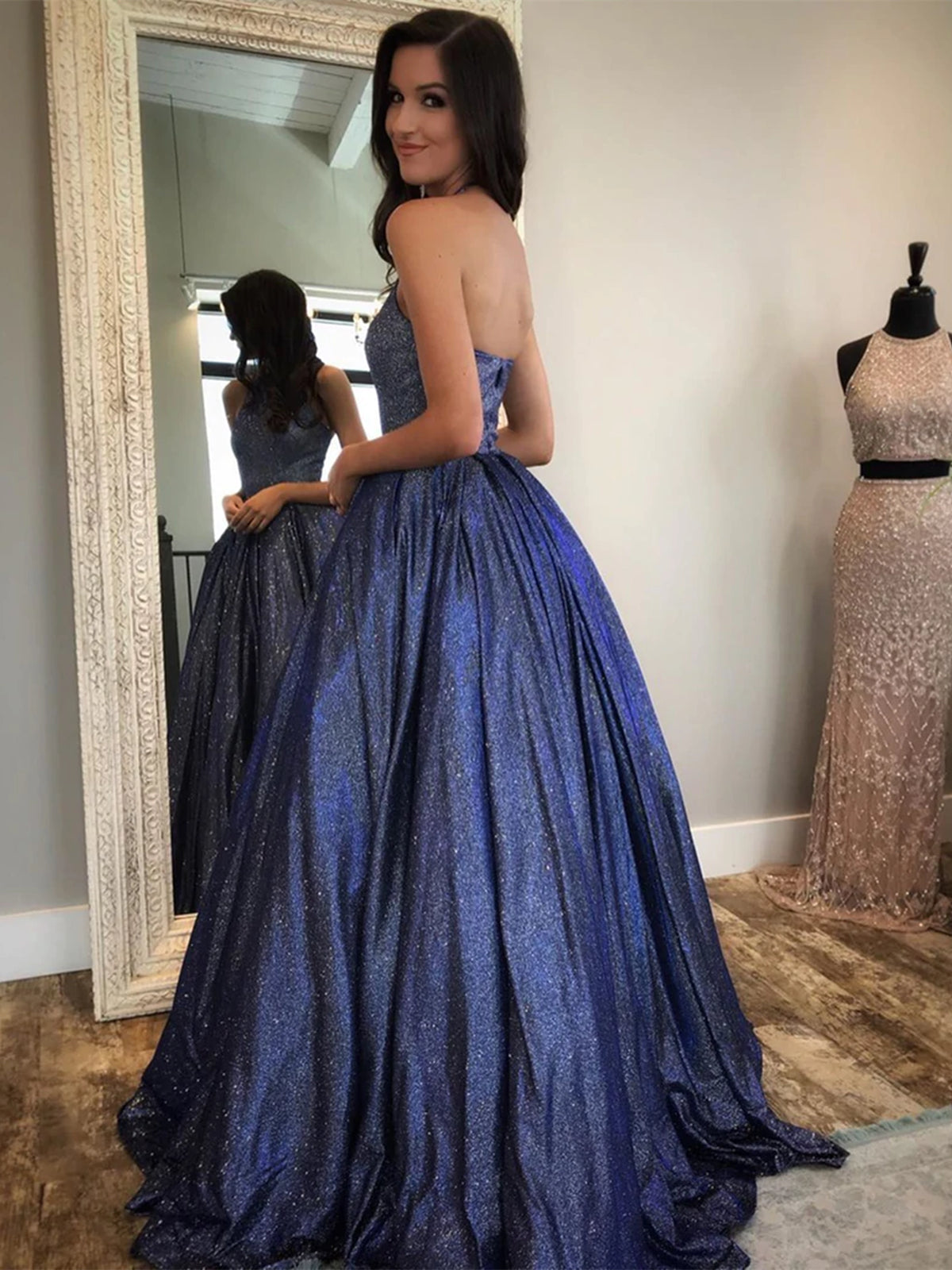 Long A-Line Halter Backless Formal Graduation Prom Dresses with Pockets