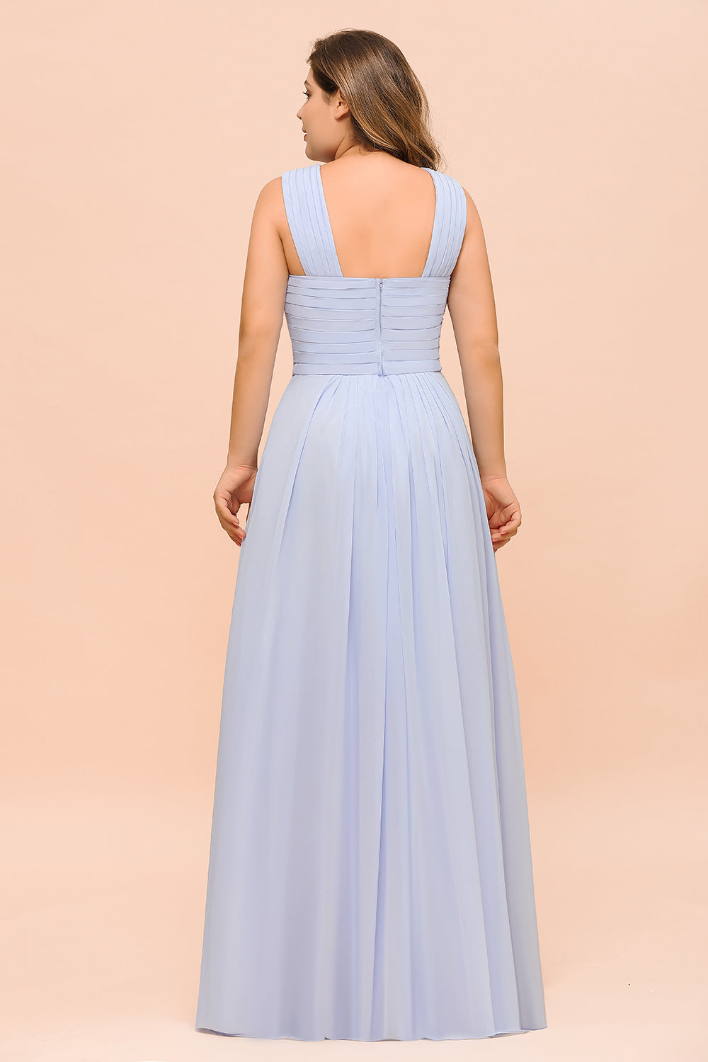 Long A-line Halter Lavender Chiffon Plus Size Bridesmaid Dress with Ruffle