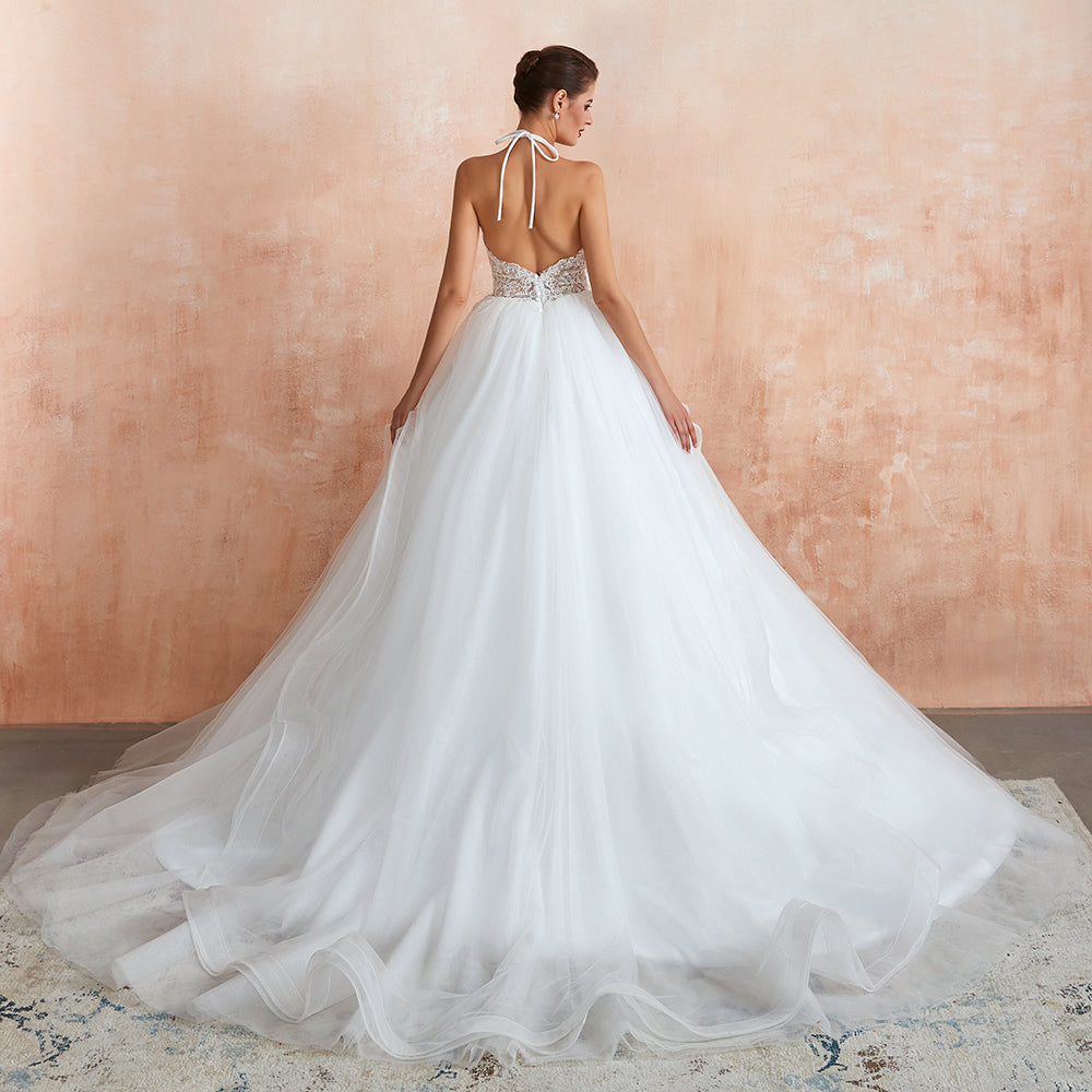 Beautiful Long A-Line Lace Appliques Tulle Open Back Wedding Dress main image 0