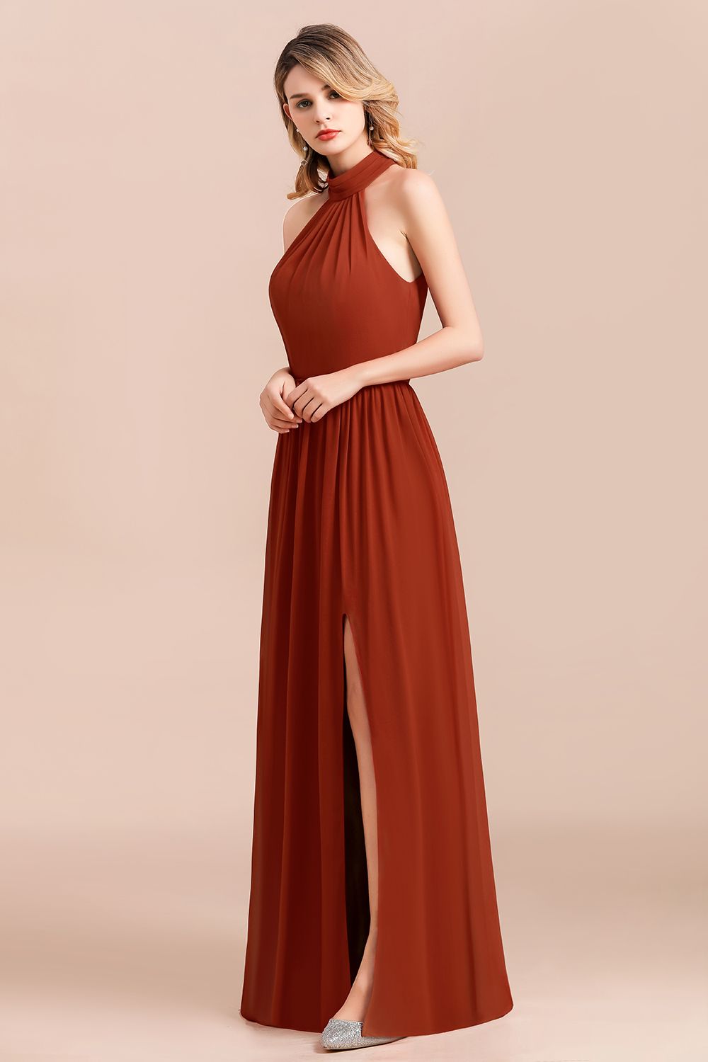 Long A-Line Halter Ruched Chiffon Bridesmaid Dress With Slit