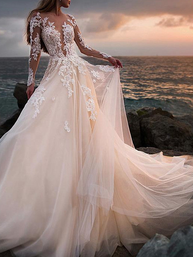 Long A-Line Jewel Neck Court Train Lace Tulle Wedding Dresses with Sle –  BIZTUNNEL