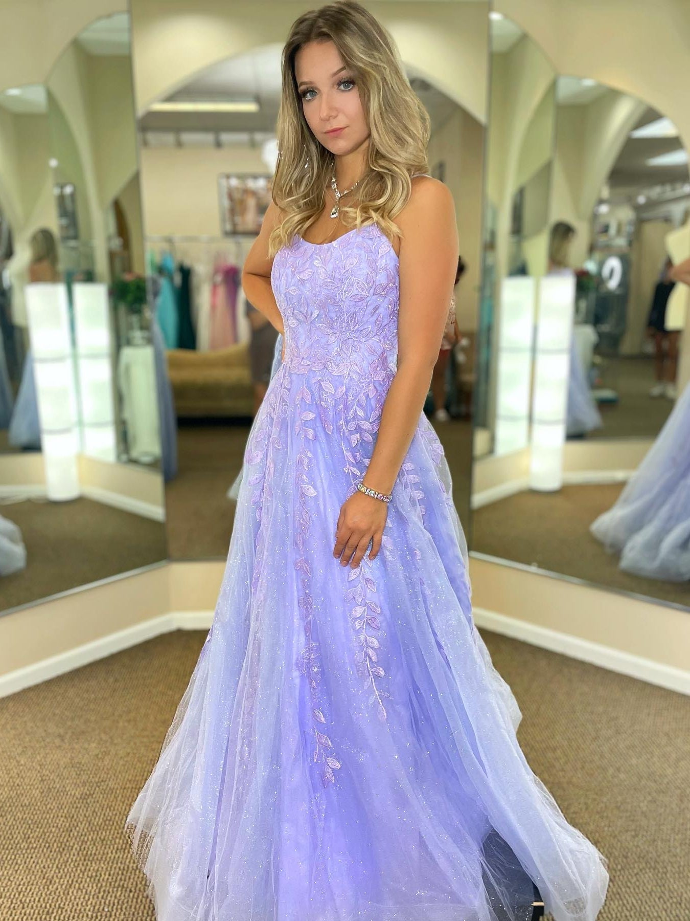 Long A-line Lace Tulle Backless Prom Dresses Purple Formal Evening Dre   BIZTUNNEL