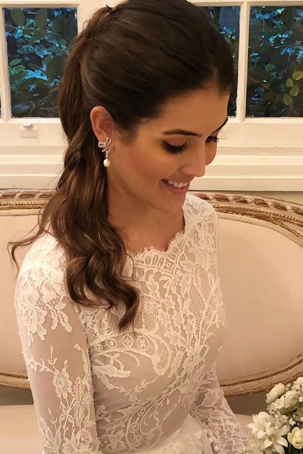 Long A line Lace Wedding Dress with Sleeves BIZTUNNEL