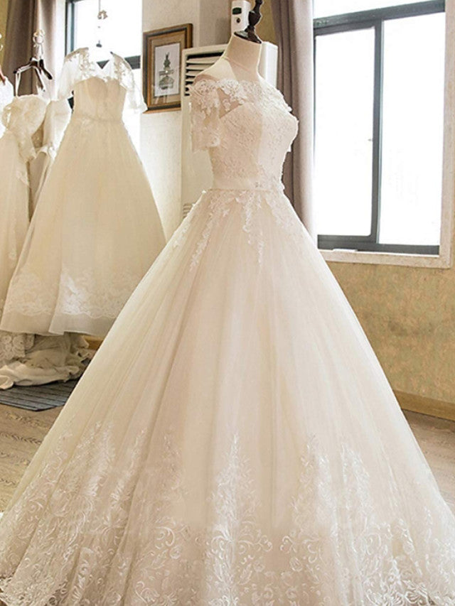 Long A-Line Off Shoulder Court Train Lace Tulle Wedding Dresses with Sleeves Long A-Line Off Shoulder Court Train Lace Tulle Wedding Dresses with Sleeves