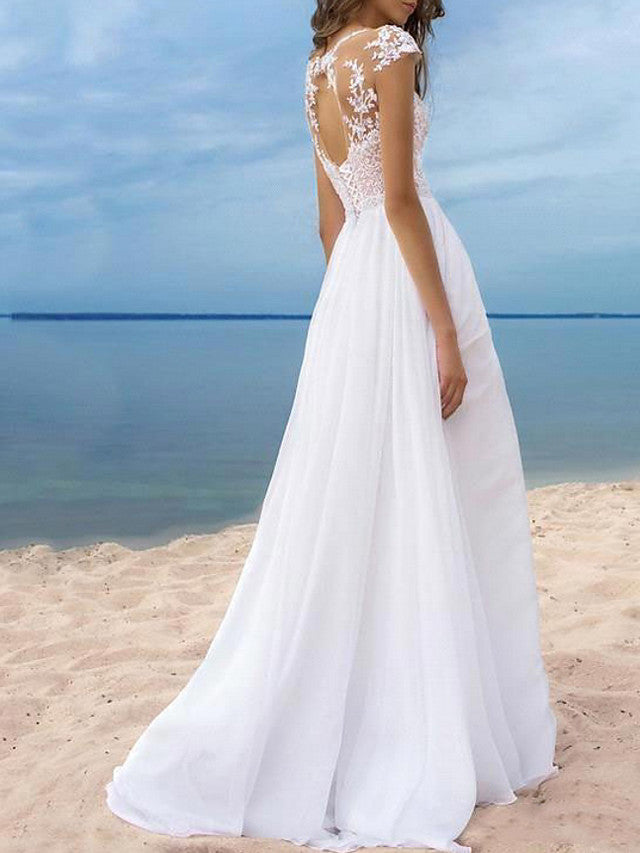 Long A-Line Off the Shoulder Chiffon Backless Wedding Dresses with Sli BIZTUNNEL Long A-Line Off the Shoulder Chiffon Backless Wedding Dresses with Sli BIZTUNNEL