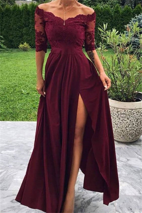 burgundy maxi dress with slit Long A-line Off-the-shoulder Front Slit Burgundy Prom Dress with Sleeves