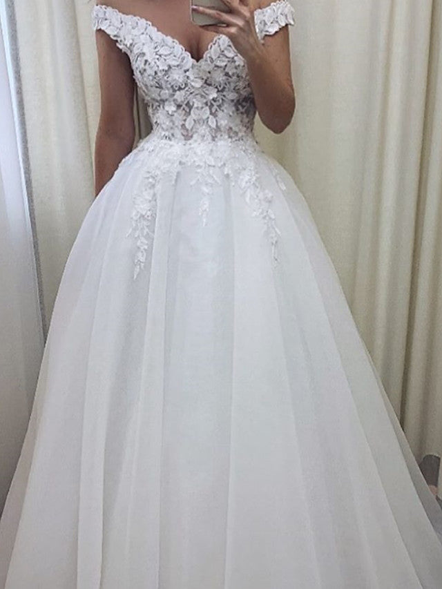 Off Shoulder Lace A-line Backless Tulle Long Wedding Dress, FC4855