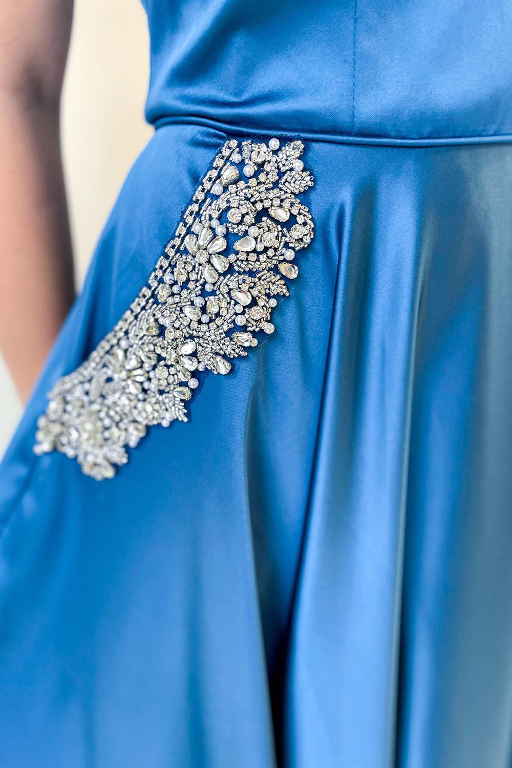 Long A-Line Off-The-Shoulder Prom Dress with Pockets Crystal Embellishment