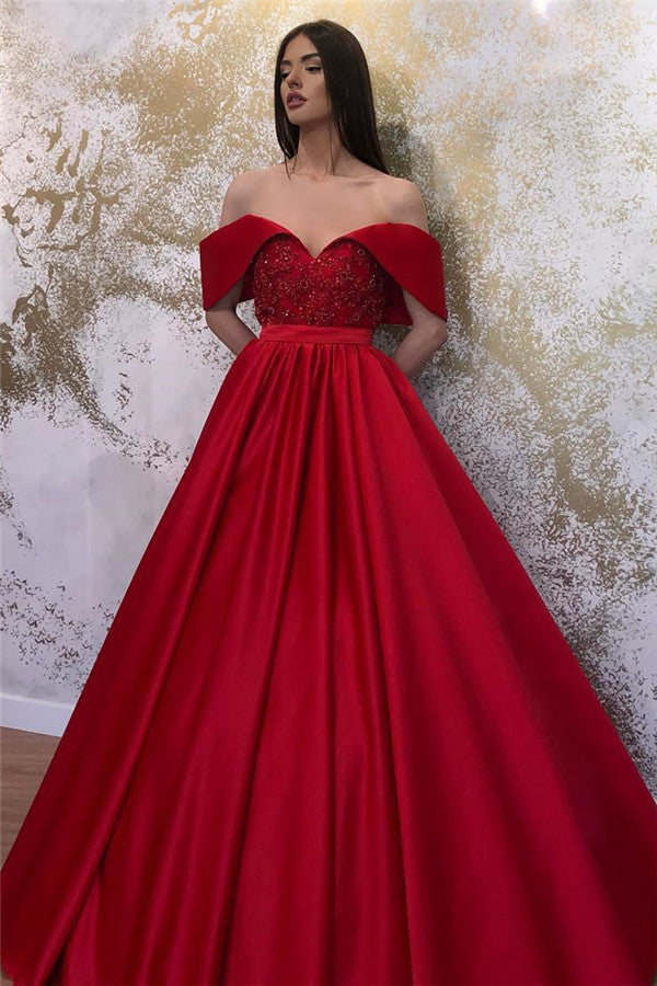 Long A-Line Off-The-Shoulder Satin Sweetheart Formal Prom Dresses