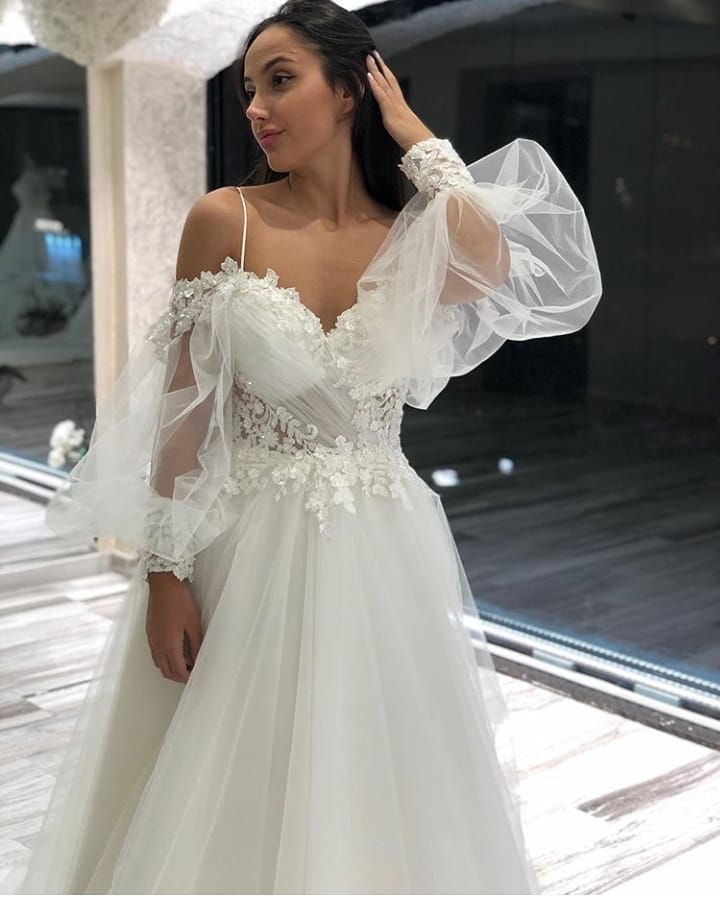 Off-Shoulder Sequins Appliques Long Sleeves A-Line Wedding Dress main image 0