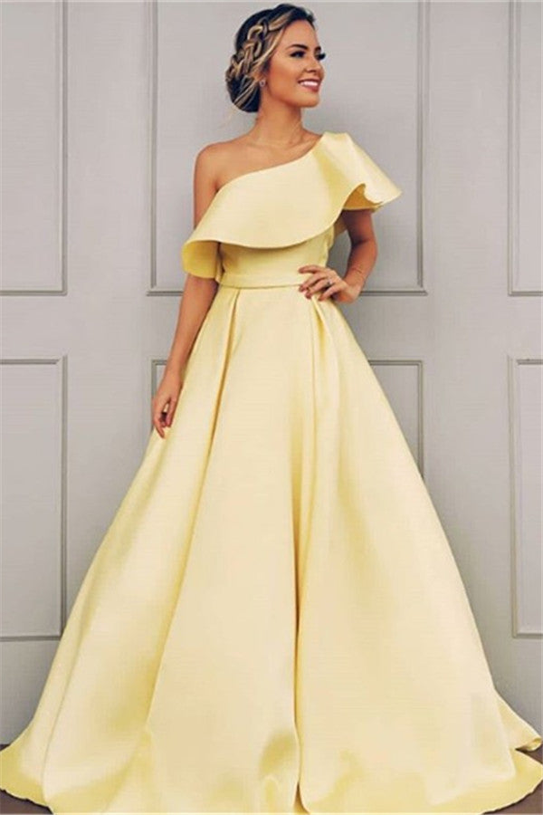 Long A-line One Shoulder Satin Yellow Prom Dress – BIZTUNNEL