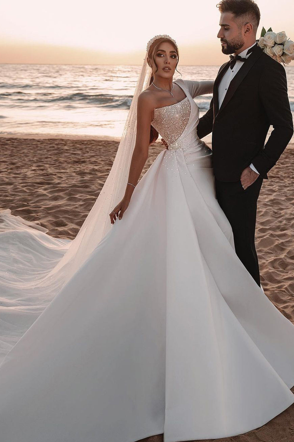 chinese dress ladies Long A-Line One Shoulder Sequins Satin Wedding Dress with Sleeves