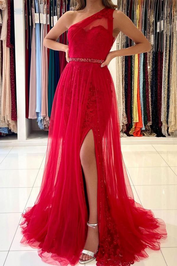 one shoulder tulle prom dress Black Sequin One Shoulder Slit Tulle Crafted Prom Dress