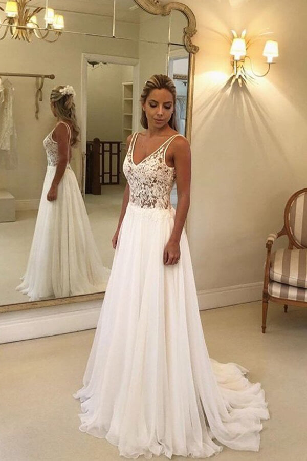Long A-line Open Back V-neck Lace Chiffon Wedding Dress – BIZTUNNEL