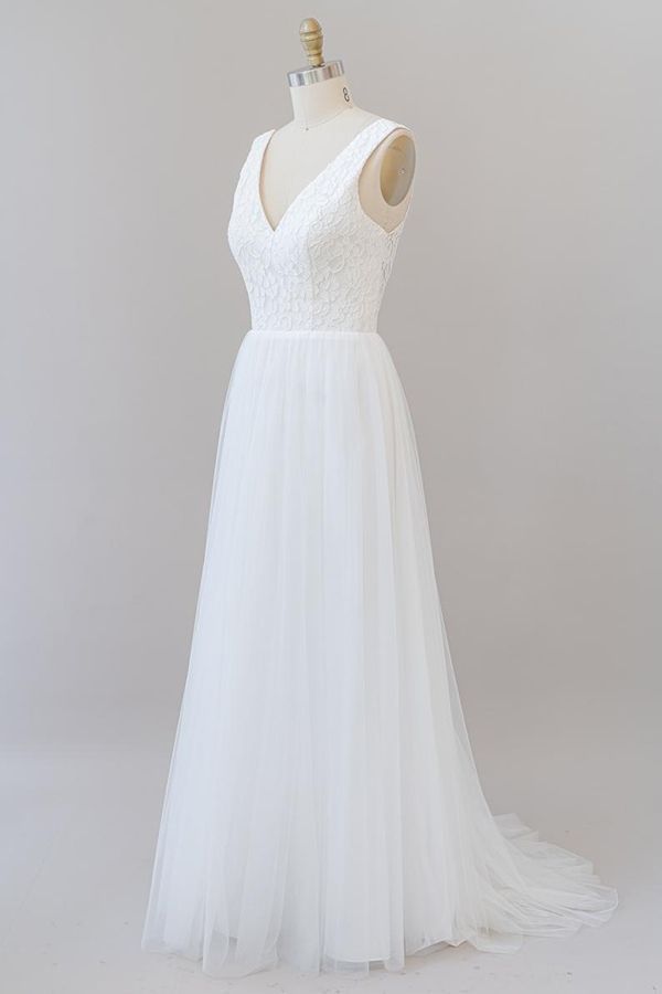 A-Line V-neck Open Back Hi-Lo Ruffles Tulle Wedding Dress With Appliques Lace