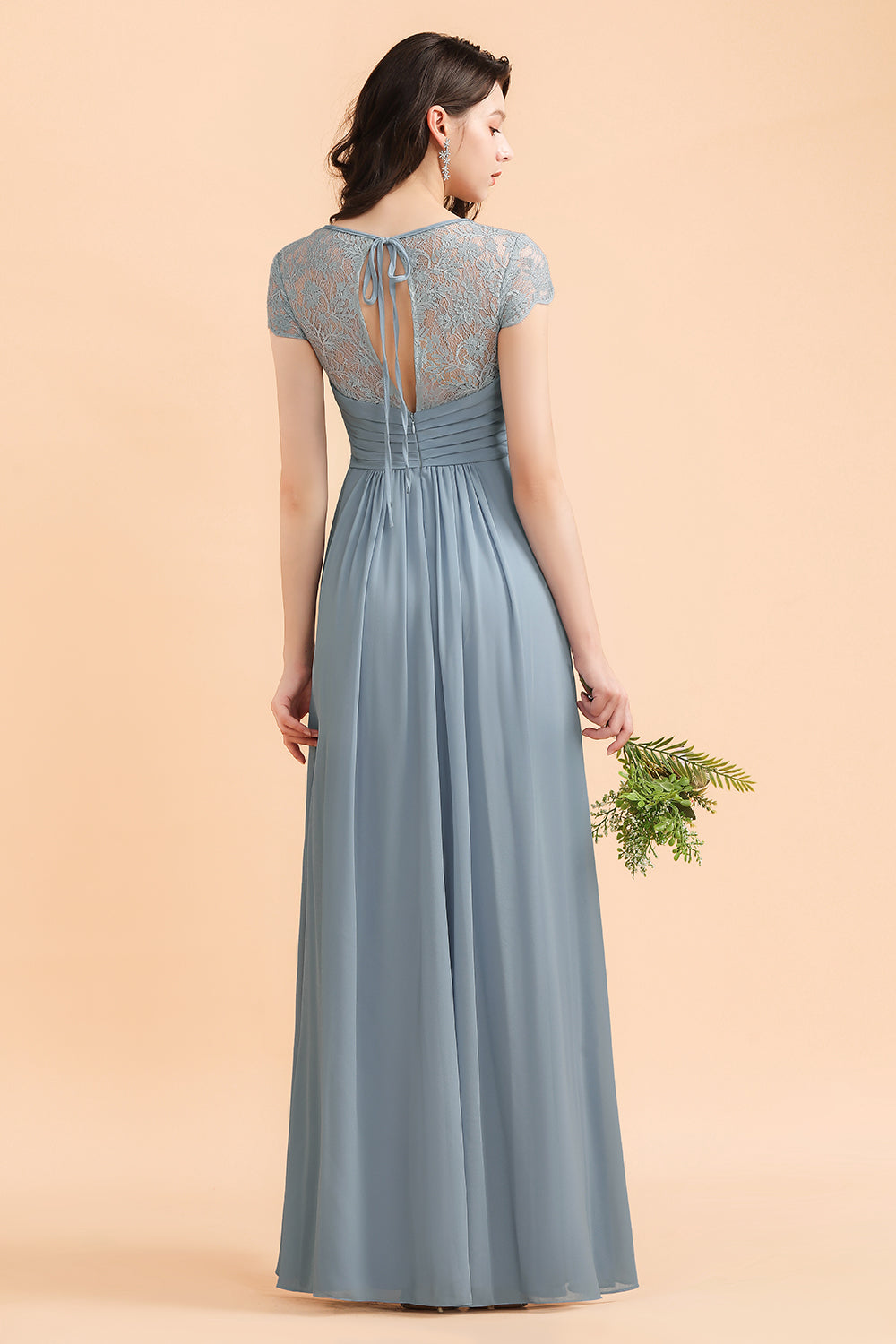 Long A-line Ruffles Chiffon Bridesmaid Dress with Cap Sleeves – BIZTUNNEL