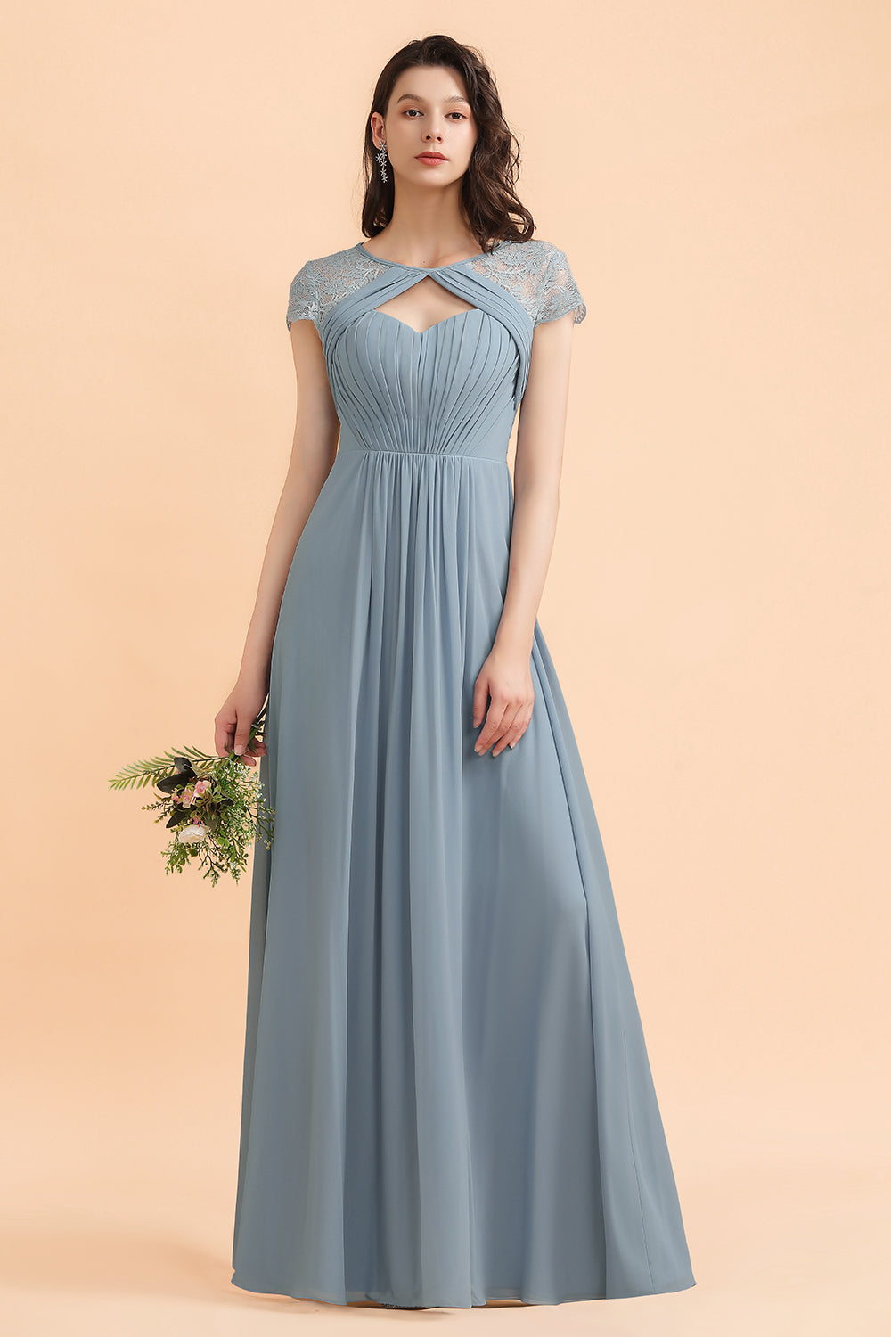 Long A-line Ruffles Chiffon Bridesmaid Dress with Cap Sleeves  BIZTUNNEL