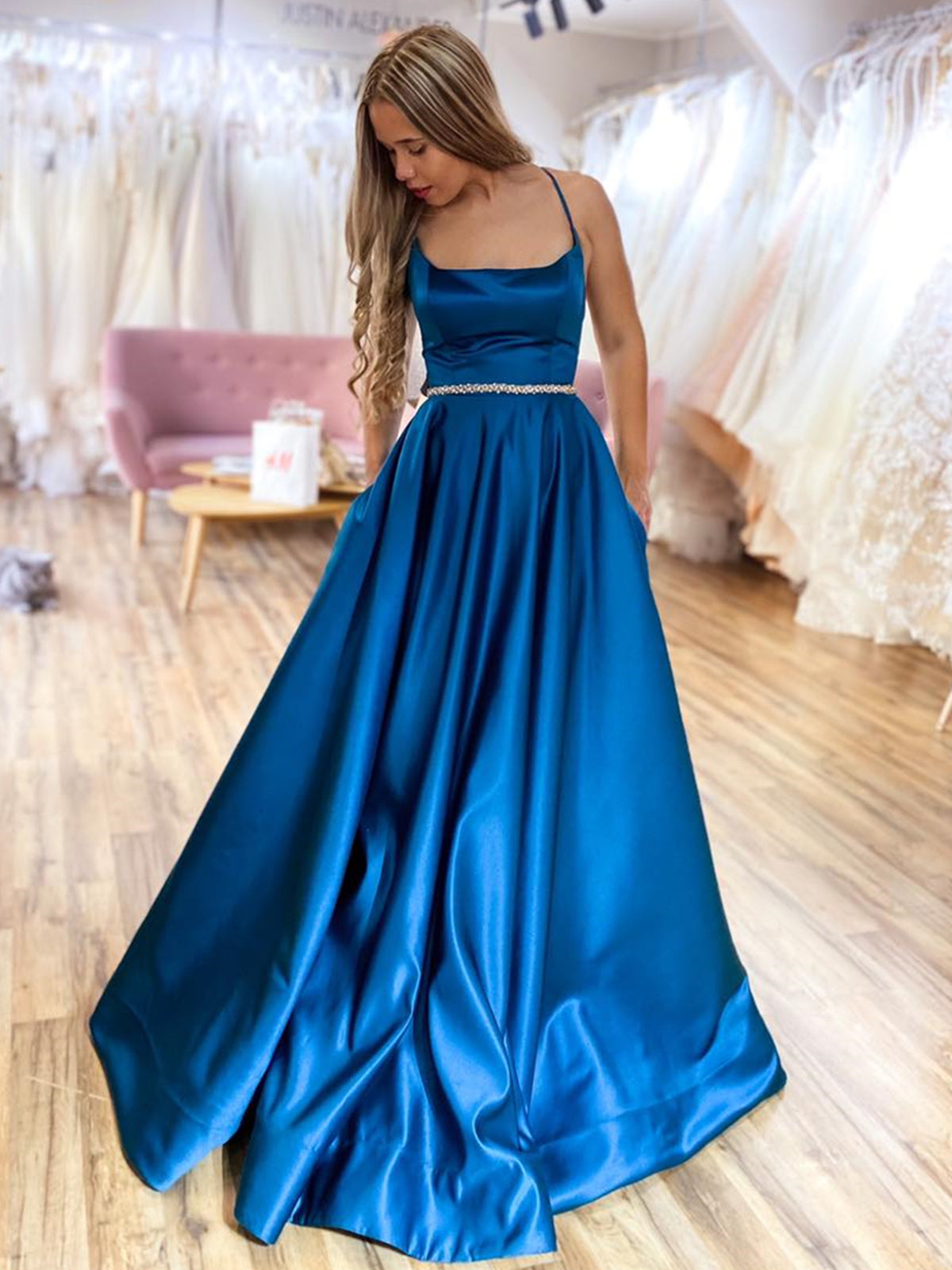 open lace back dress Crisscross Tie Satin Backless Solid Prom Dress – Parthea Fashion main image 0