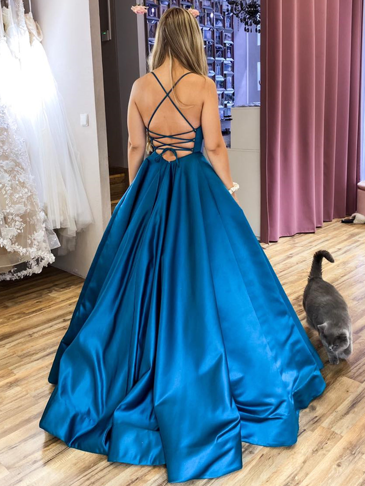 Long A-line Satin Backless Formal Prom Dresses with Belt Long A-line Satin Backless Formal Prom Dresses with Belt