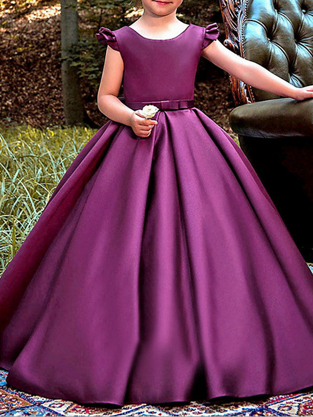 Satin Flower Girl Dress Wedding Birthday Party Gown Cap Sleeve Princess Pageant Gowns