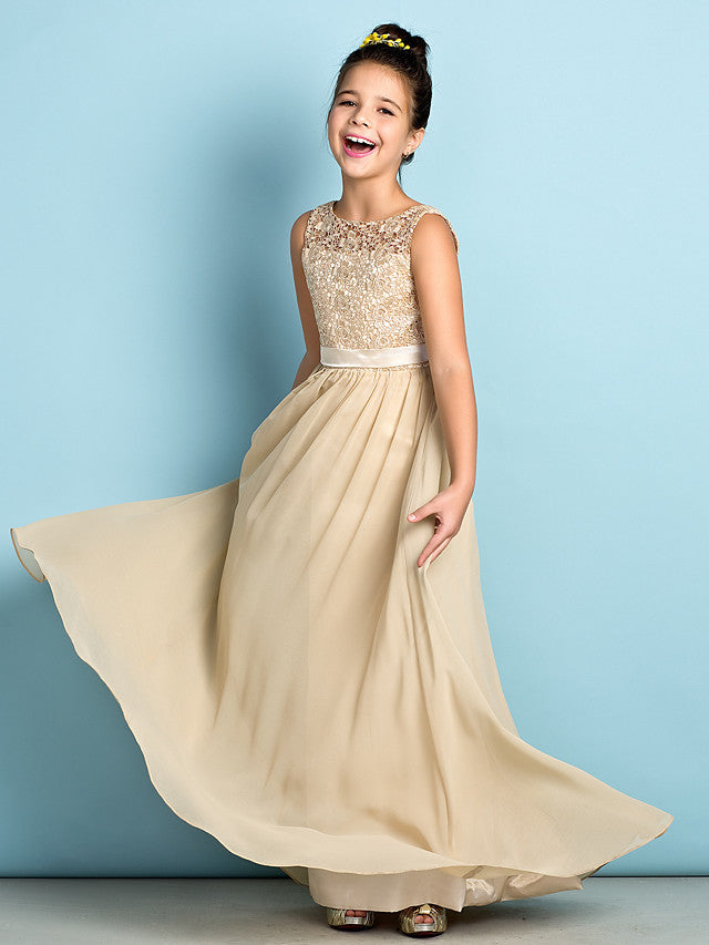 Long A-Line Scoop Neck Flower Girl Dresses Chiffon Lace Junior Bridesmaid Dress Long A-Line Scoop Neck Flower Girl Dresses Chiffon Lace Junior Bridesmaid Dress