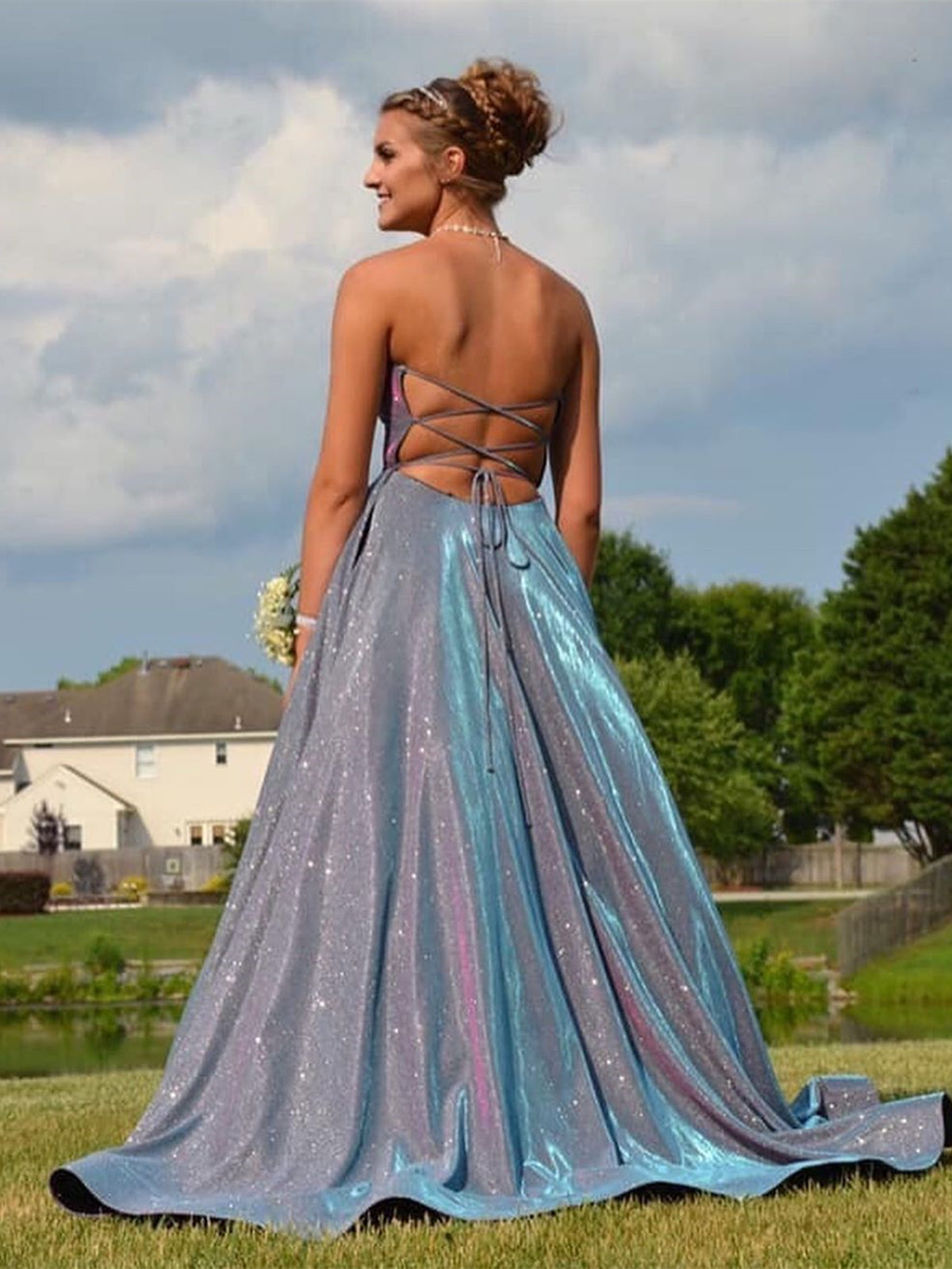 green emerald velvet dress Shimmer Sequin Prom Dresses Mermaid Evening Dress Open Back FD3518 –  Viniodress main image 1