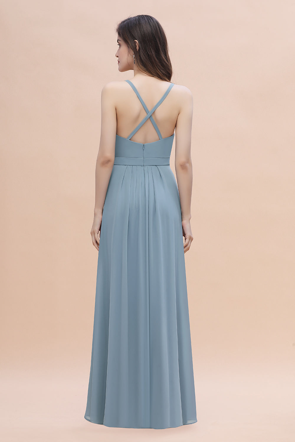 Long A-Line Spaghetti Straps Chiffon Bridesmaid Dress With Slit
