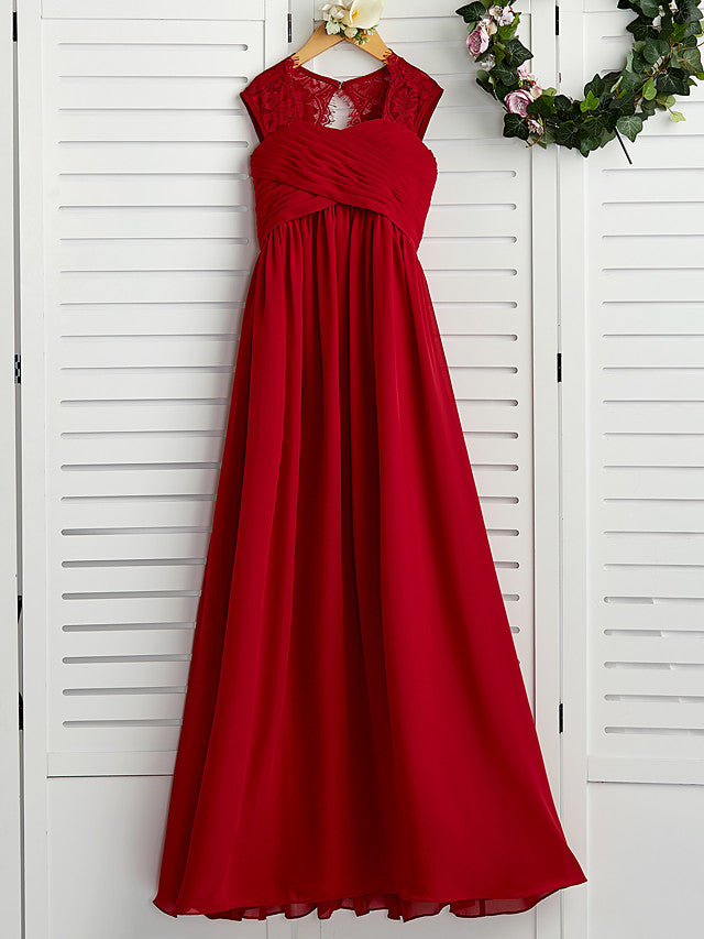 Long A-Line Square Neck Chiffon Junior Bridesmaid Dress with Lace Ruching Long A-Line Square Neck Chiffon Junior Bridesmaid Dress with Lace Ruching