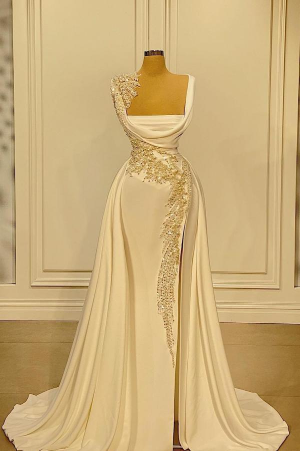 Long A-Line Square Neckline Satin Ivory Prom Dress With Slit Long A-Line Square Neckline Satin Ivory Prom Dress With Slit